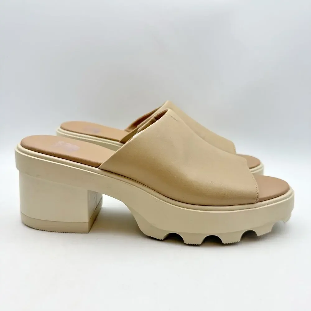 Sorel Womens Joanie Heel Slide Sandal US 7.5 EU 38.5 Beige Tan Leather EUC